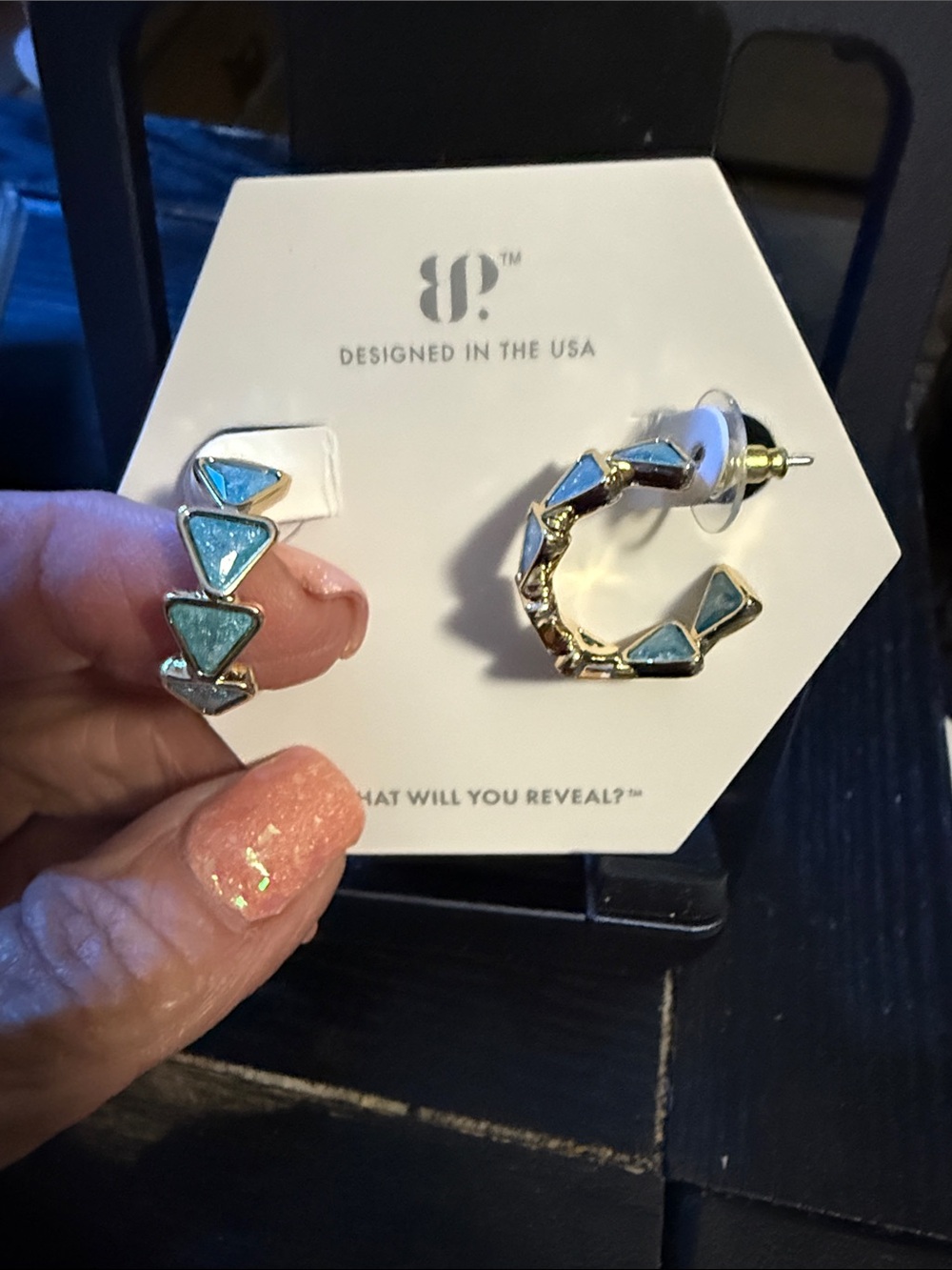 BP gold plated aqua blue ice Crystal Triangle Inlay Hoops “a path forged softly”